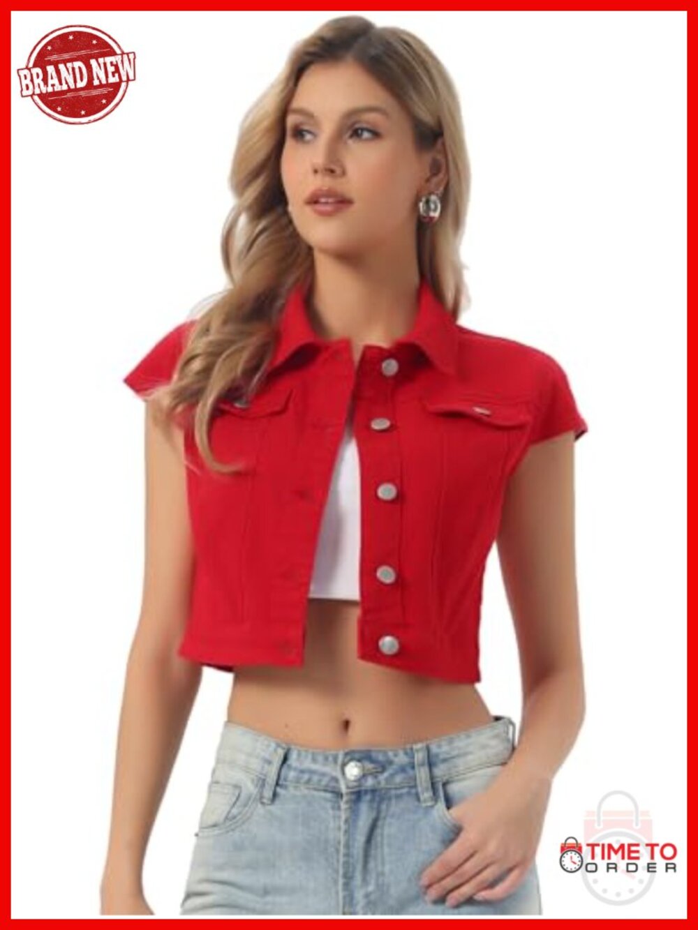 Cropped Denim Jacket with Cap Sleeves Short Button Down Summer Jean Jacket